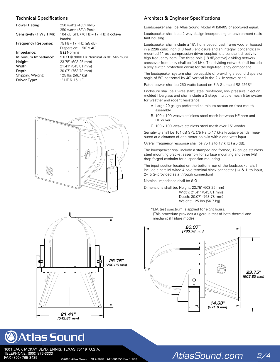 Atlas Sound AH5040S User Manual | Page 2 / 4