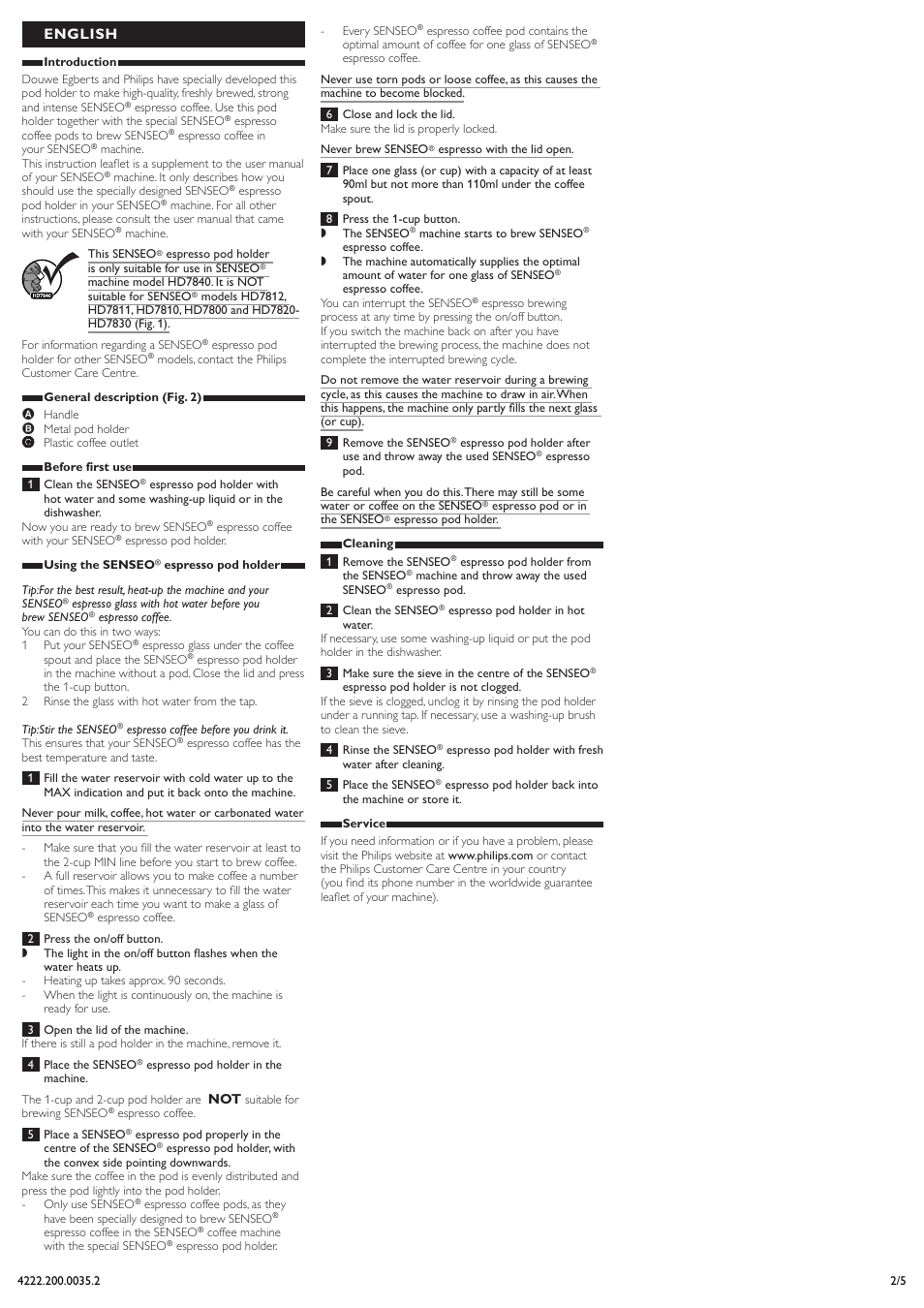 English | Philips SENSEO® Espresso-Padhalter User Manual | Page 2 / 5