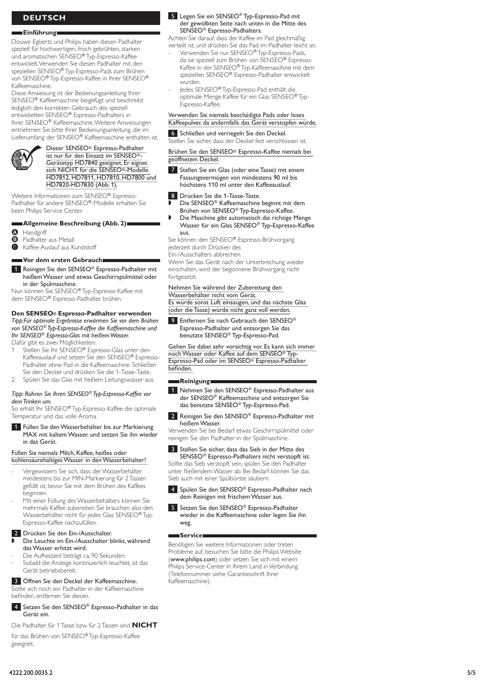 Deutsch | Philips SENSEO® Espresso-Padhalter User Manual | Page 5 / 5