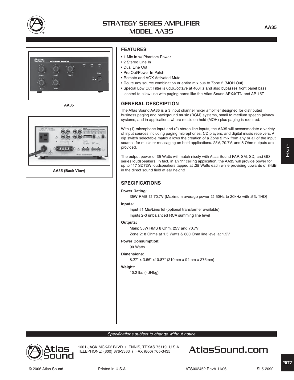 Atlas Sound AA35 User Manual | 3 pages