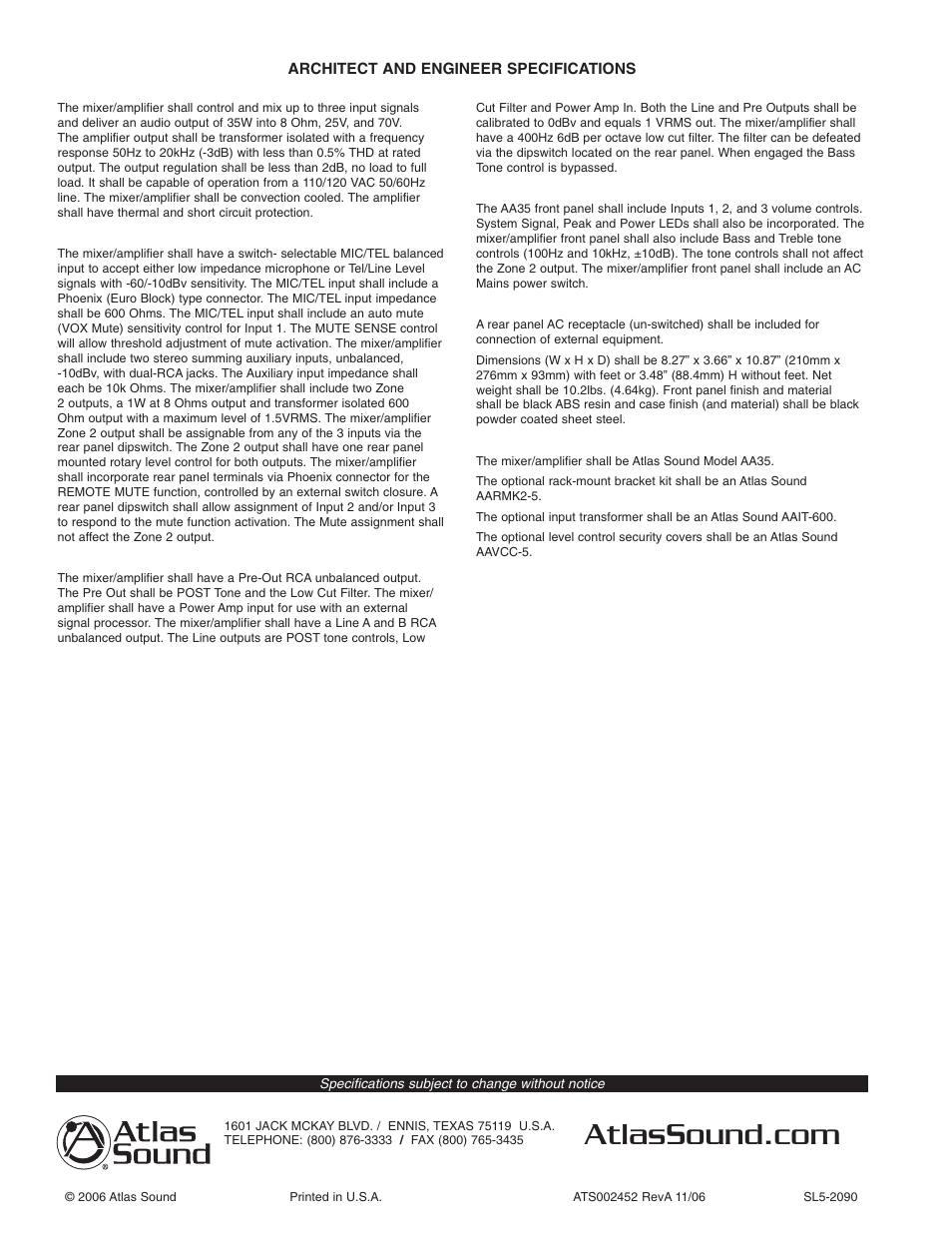 Atlas Sound AA35 User Manual | Page 2 / 3