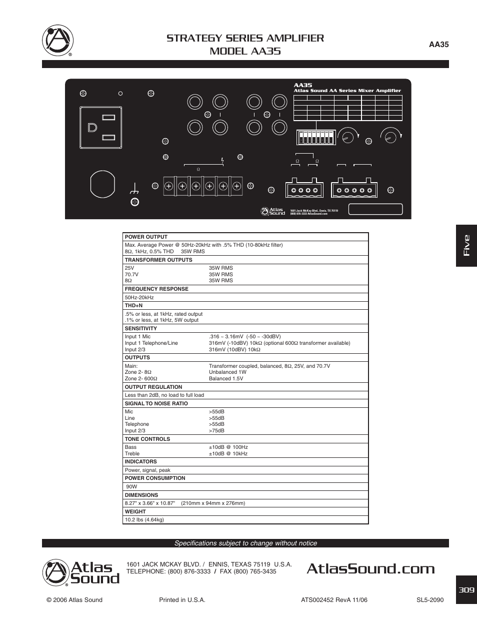 Strategy series amplifier model aa35, Five, Aa35 | Specifications subject to change without notice | Atlas Sound AA35 User Manual | Page 3 / 3