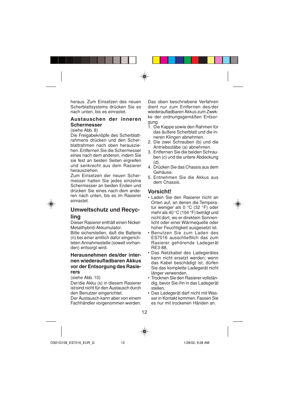 Umweltschutz und recyc- ling, Vorsicht | Panasonic ES 7016 User Manual | Page 12 / 80