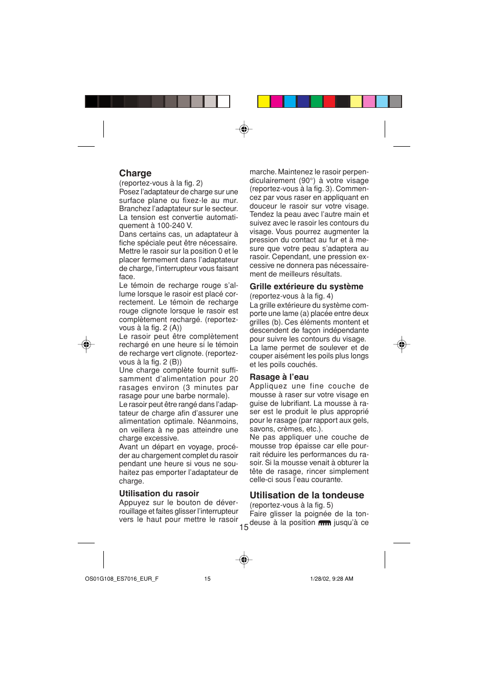 Charge, Utilisation de la tondeuse | Panasonic ES 7016 User Manual | Page 15 / 80