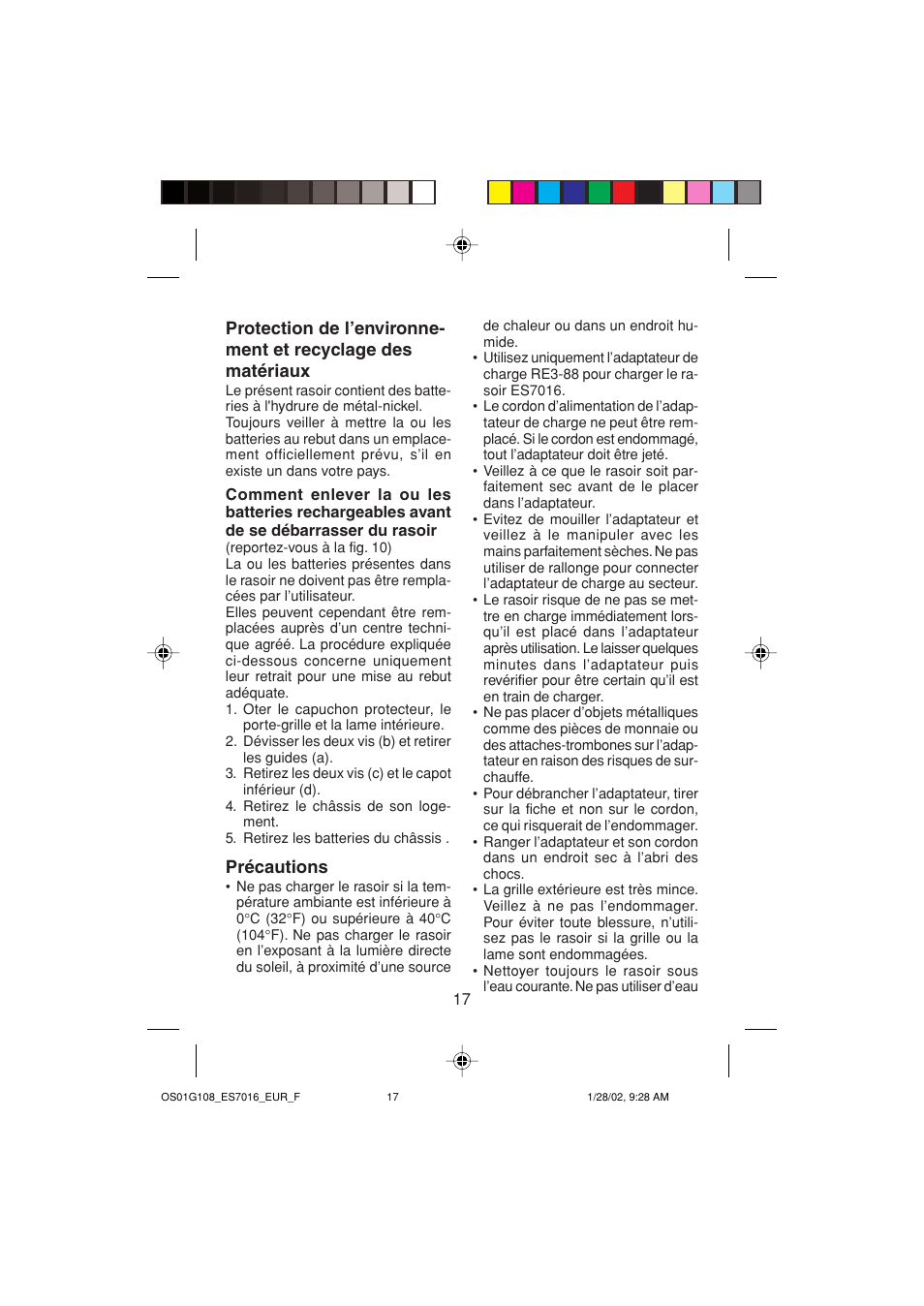 Précautions | Panasonic ES 7016 User Manual | Page 17 / 80