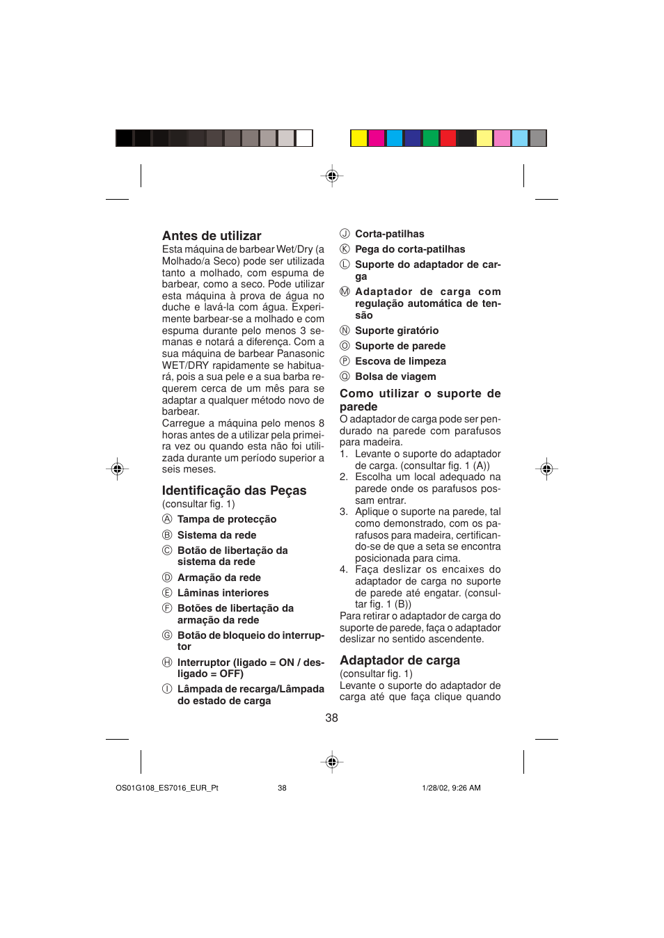 Antes de utilizar, Identificação das peças, Adaptador de carga | Panasonic ES 7016 User Manual | Page 38 / 80