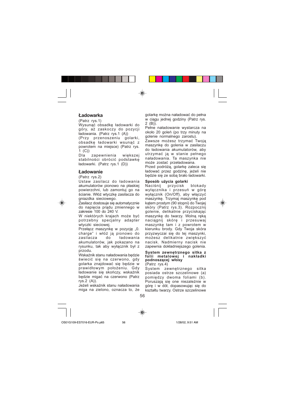 Ładowarka, Ładowanie | Panasonic ES 7016 User Manual | Page 56 / 80