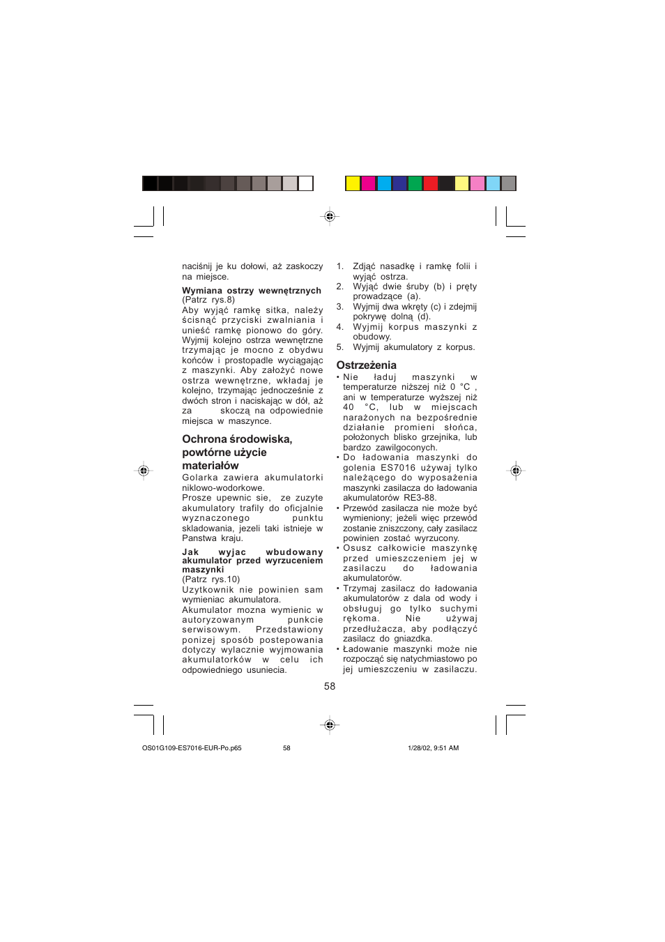 Ochrona środowiska, powtórne użycie materiałów, Ostrzeżenia | Panasonic ES 7016 User Manual | Page 58 / 80