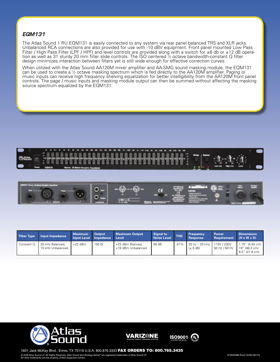 Eqm131, Iso9001 | Atlas Sound 31 Band Graphic Equalizer EQM131 User Manual | Page 2 / 2