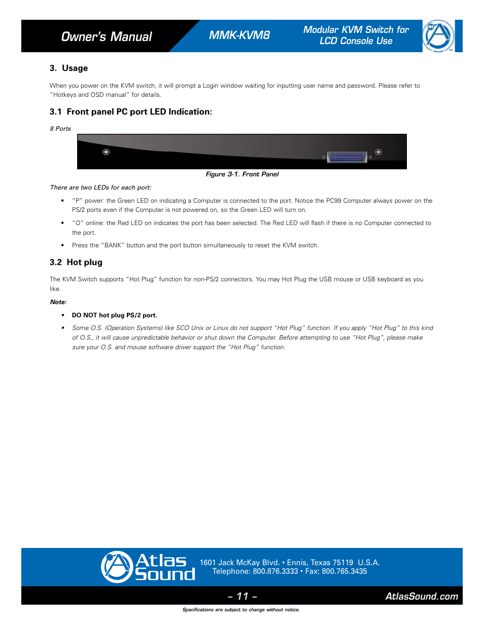 Owner’s manual, Mmk-kvm8, Modular kvm switch for lcd console use | Atlas Sound MMK-KVM8 User Manual | Page 11 / 24