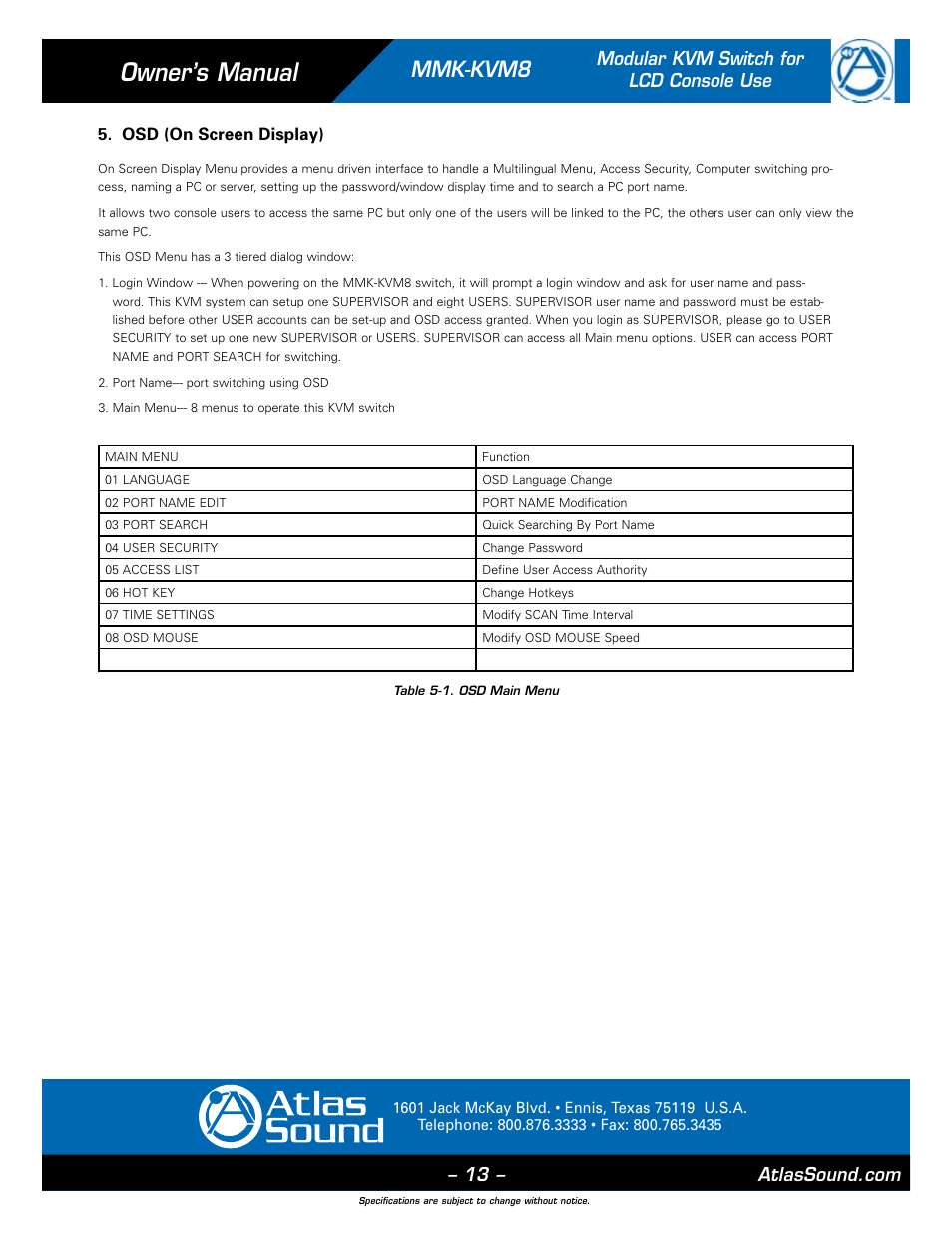 Owner’s manual, Mmk-kvm8, Modular kvm switch for lcd console use | Atlas Sound MMK-KVM8 User Manual | Page 13 / 24