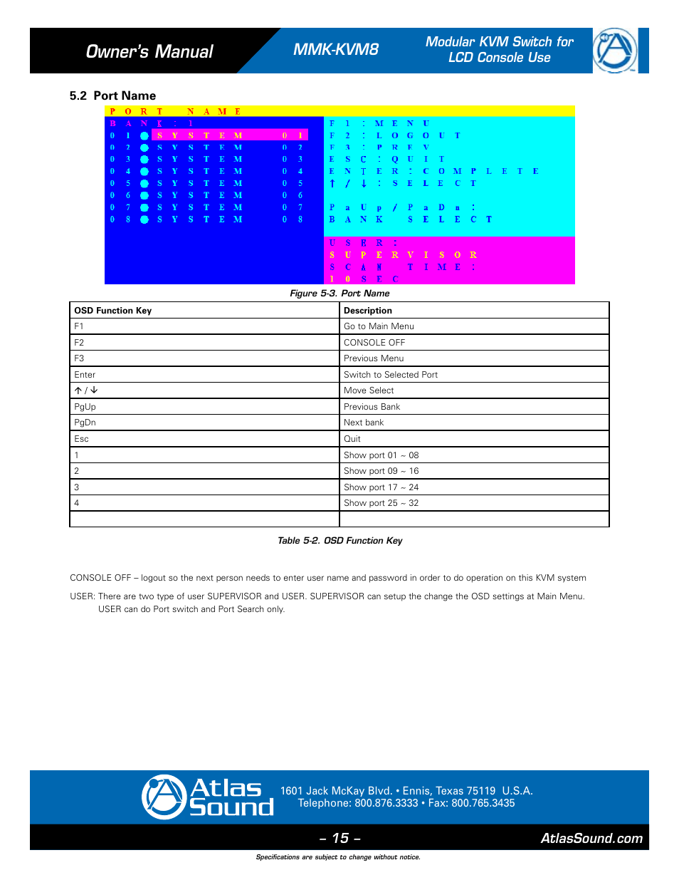 Owner’s manual, Mmk-kvm8, Modular kvm switch for lcd console use | 2 port name | Atlas Sound MMK-KVM8 User Manual | Page 15 / 24