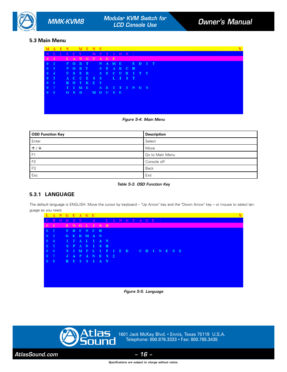 Owner’s manual, Mmk-kvm8, Modular kvm switch for lcd console use | Atlas Sound MMK-KVM8 User Manual | Page 16 / 24