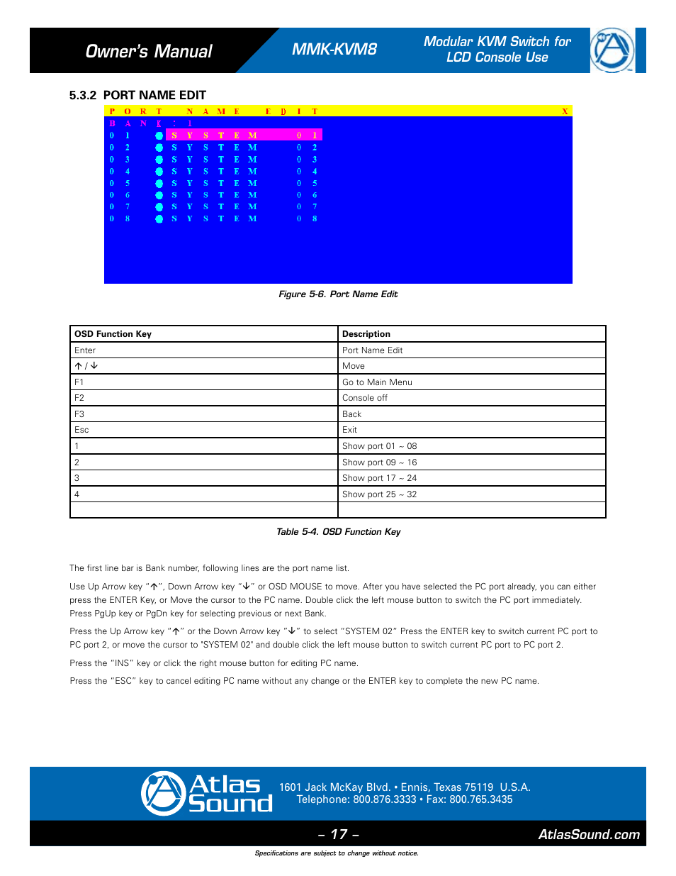 Owner’s manual, Mmk-kvm8, Modular kvm switch for lcd console use | 2 port name edit | Atlas Sound MMK-KVM8 User Manual | Page 17 / 24