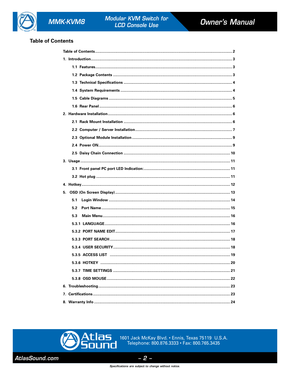 Atlas Sound MMK-KVM8 User Manual | Page 2 / 24