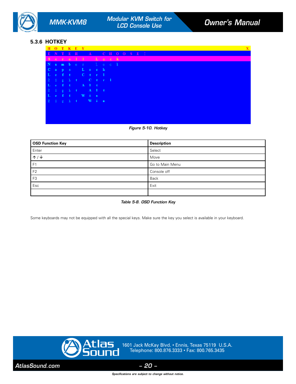 Owner’s manual, Mmk-kvm8, Modular kvm switch for lcd console use | Atlas Sound MMK-KVM8 User Manual | Page 20 / 24