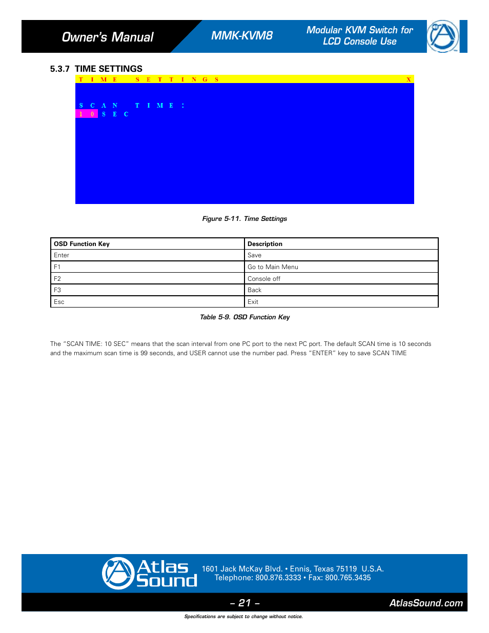 Owner’s manual, Mmk-kvm8, Modular kvm switch for lcd console use | Atlas Sound MMK-KVM8 User Manual | Page 21 / 24