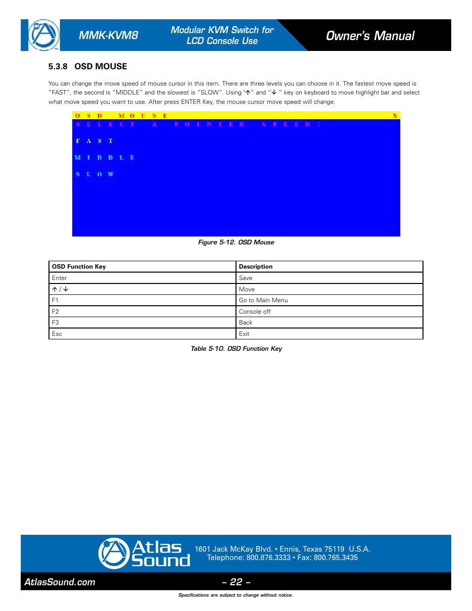 Owner’s manual, Mmk-kvm8, Modular kvm switch for lcd console use | Atlas Sound MMK-KVM8 User Manual | Page 22 / 24