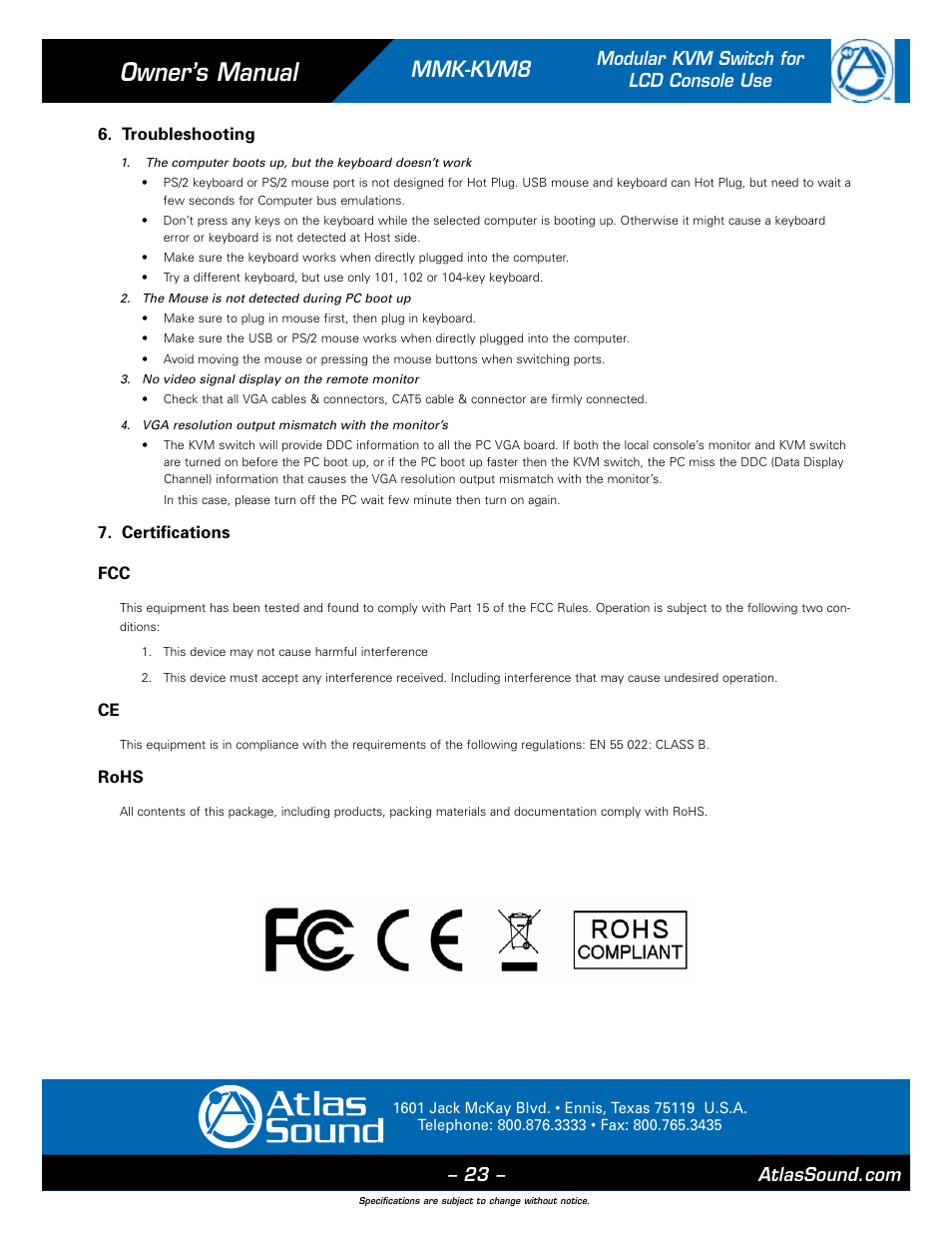 Owner’s manual, Mmk-kvm8, Modular kvm switch for lcd console use | Troubleshooting, Certifications fcc, Rohs | Atlas Sound MMK-KVM8 User Manual | Page 23 / 24