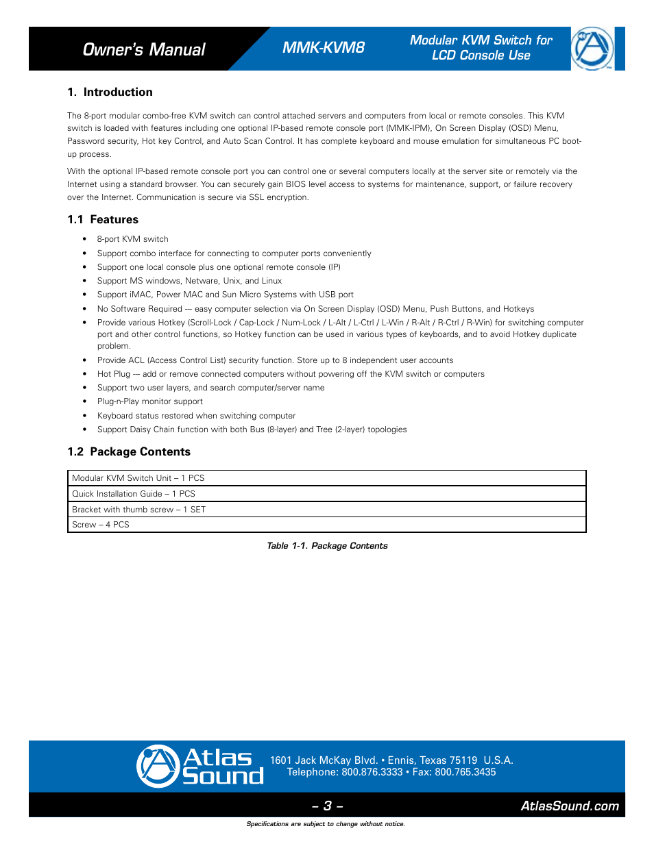 Owner’s manual, Mmk-kvm8, Modular kvm switch for lcd console use | Introduction, 1 features, 2 package contents | Atlas Sound MMK-KVM8 User Manual | Page 3 / 24