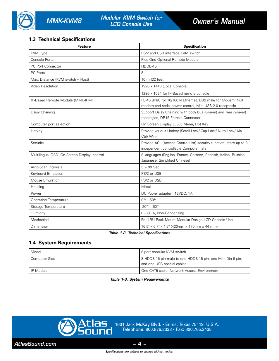 Owner’s manual, Mmk-kvm8, Modular kvm switch for lcd console use | 3 technical specifications, 4 system requirements | Atlas Sound MMK-KVM8 User Manual | Page 4 / 24