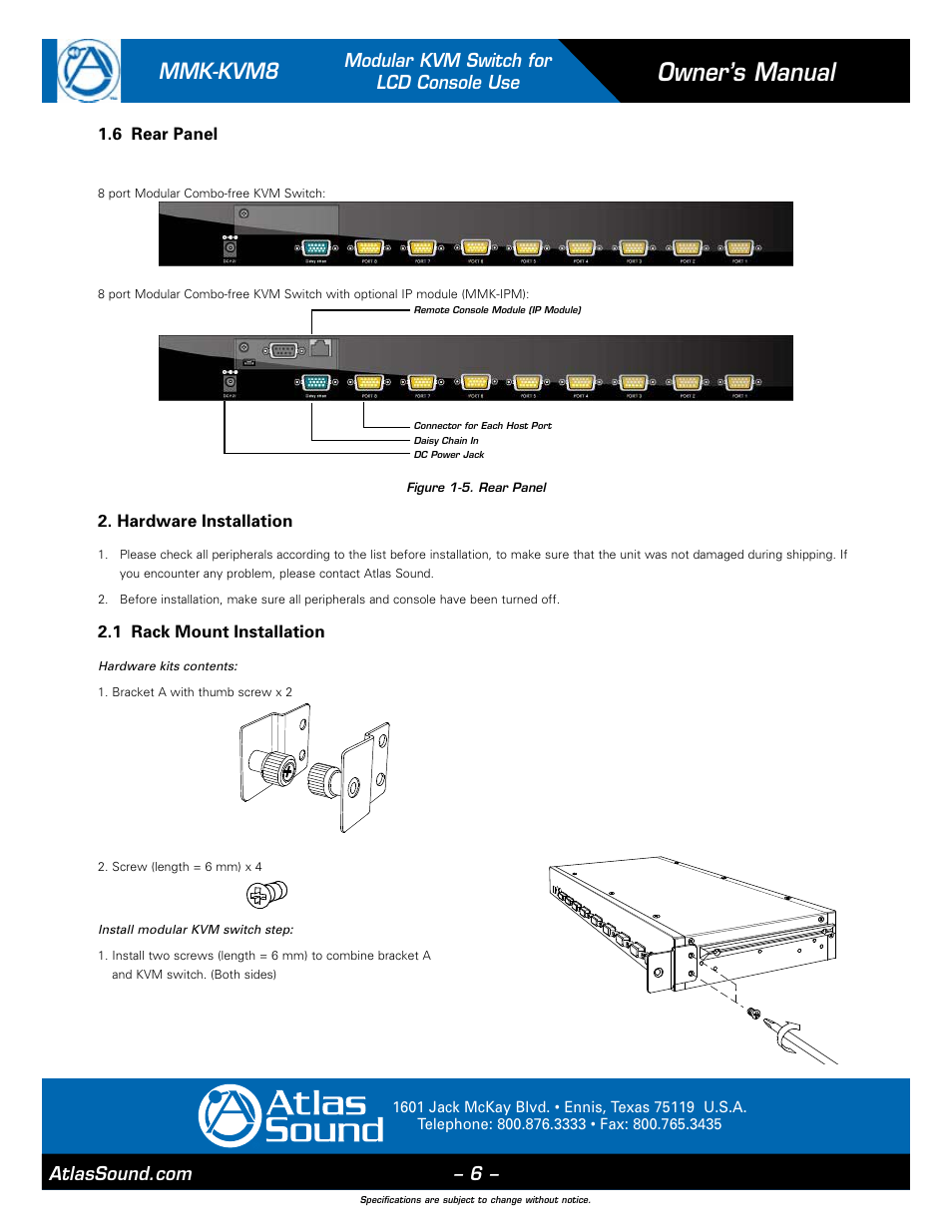 Owner’s manual, Mmk-kvm8, Modular kvm switch for lcd console use | Atlas Sound MMK-KVM8 User Manual | Page 6 / 24