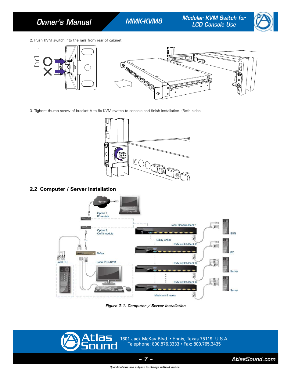 Owner’s manual, Mmk-kvm8 | Atlas Sound MMK-KVM8 User Manual | Page 7 / 24