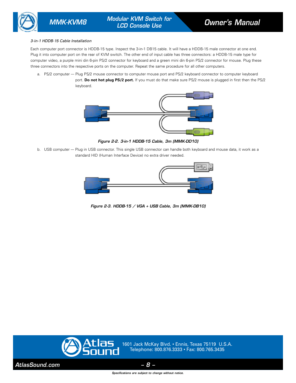 Owner’s manual, Mmk-kvm8, Modular kvm switch for lcd console use | Atlas Sound MMK-KVM8 User Manual | Page 8 / 24