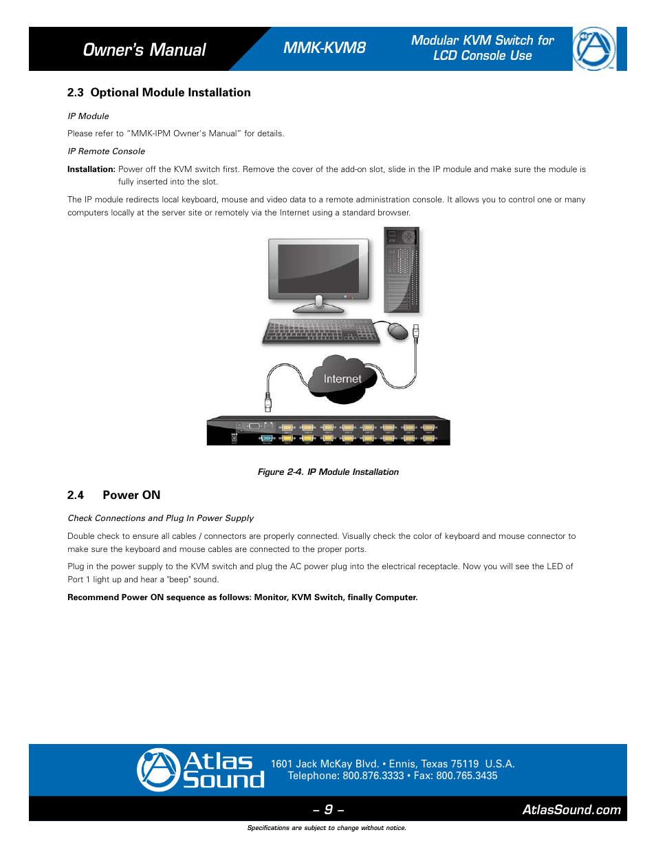 Owner’s manual, Mmk-kvm8 | Atlas Sound MMK-KVM8 User Manual | Page 9 / 24