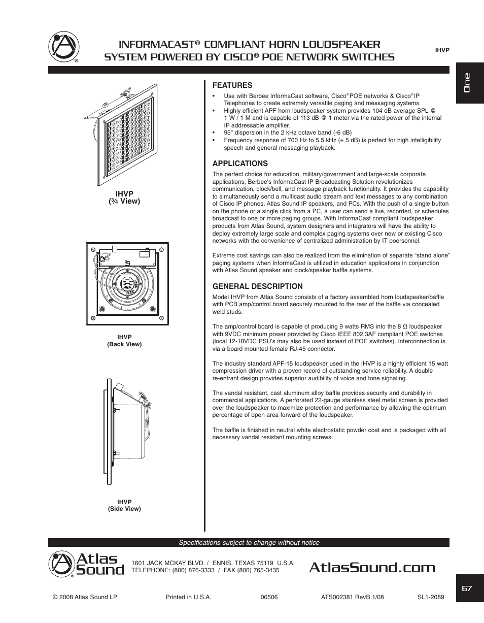 Atlas Sound IHVP User Manual | 2 pages