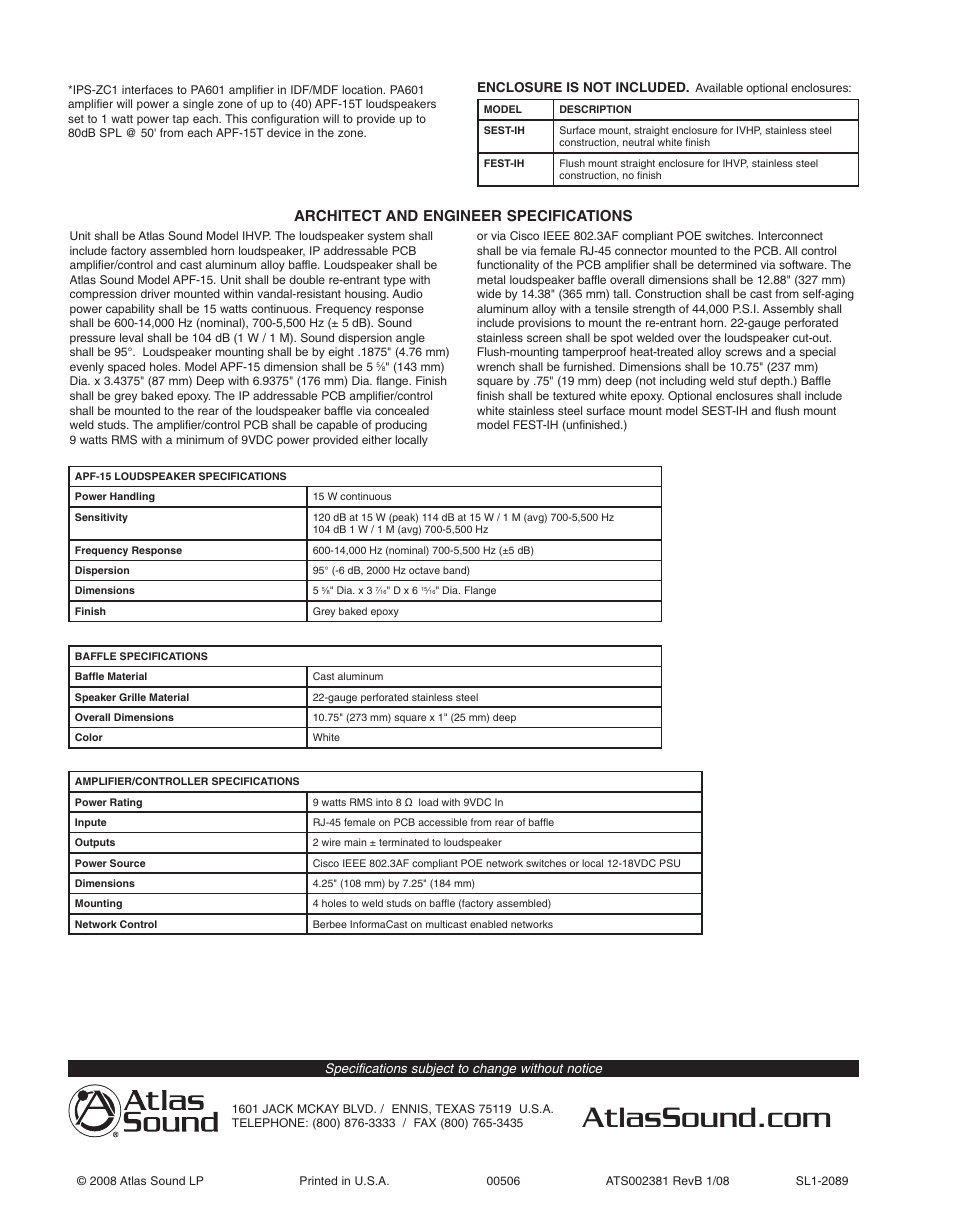 Architect and engineer specifications | Atlas Sound IHVP User Manual | Page 2 / 2