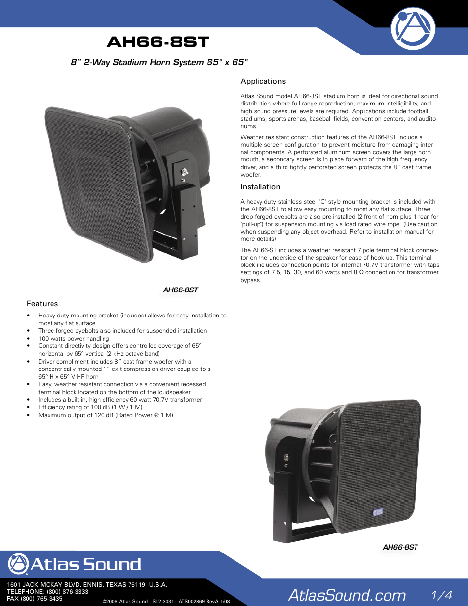 Atlas Sound 8" 2-Way Staium Horn System AH66-8ST User Manual | 4 pages