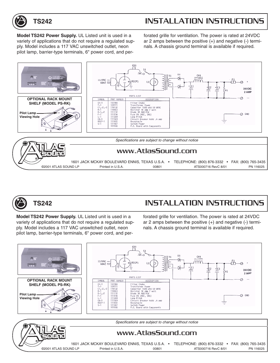 Atlas Sound TS242 User Manual | 1 page