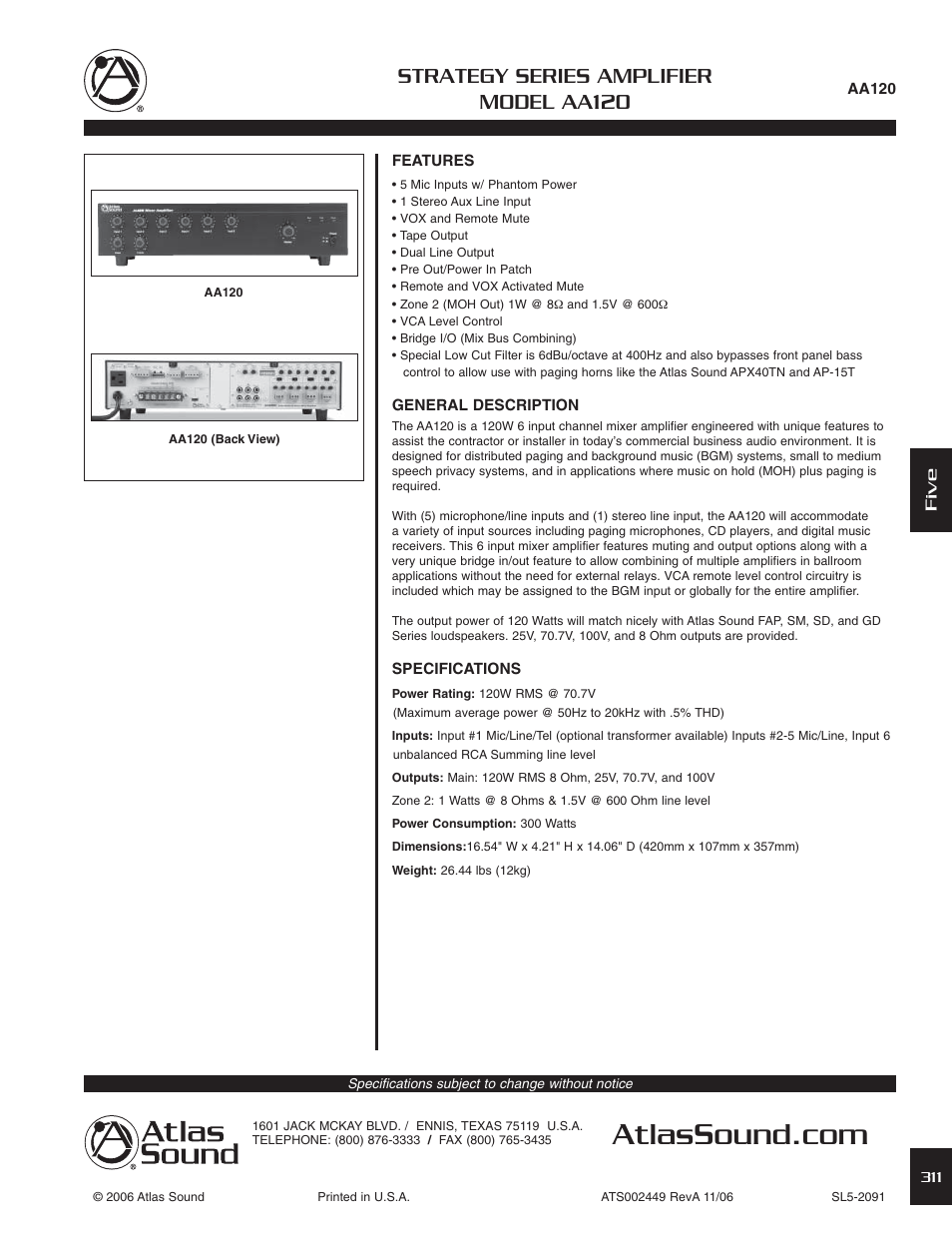 Atlas Sound AA120 User Manual | 3 pages