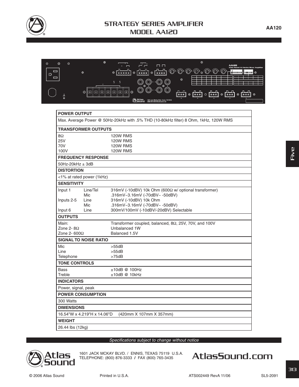 Strategy series amplifier model aa120, Five, Aa120 | Specifications subject to change without notice | Atlas Sound AA120 User Manual | Page 3 / 3