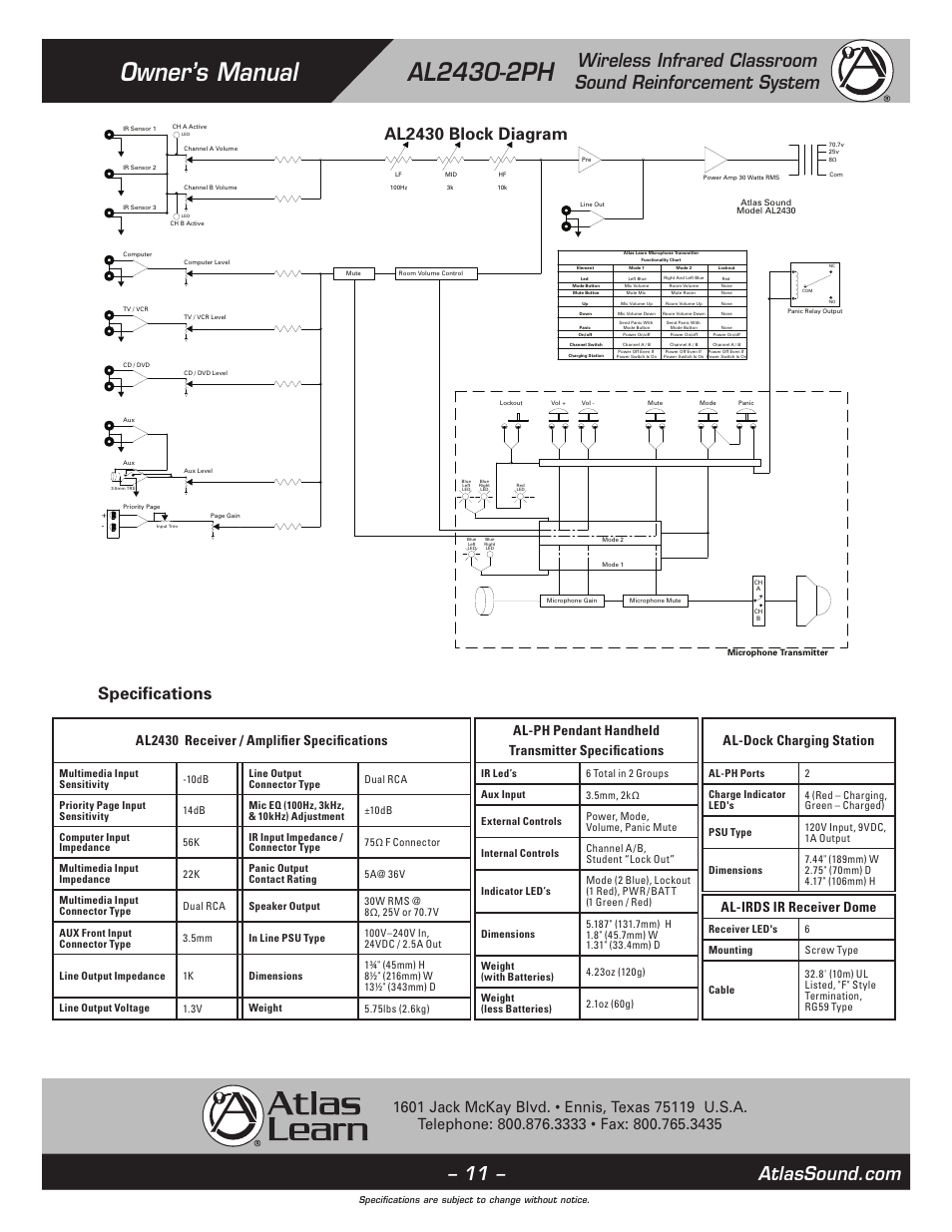 Al2430 block diagram specifications, Al2430 receiver / amplifier specifications, Al-ph pendant handheld transmitter specifications | Al-dock charging station, Al-irds ir receiver dome | Atlas Sound AL2430-2PH User Manual | Page 11 / 12