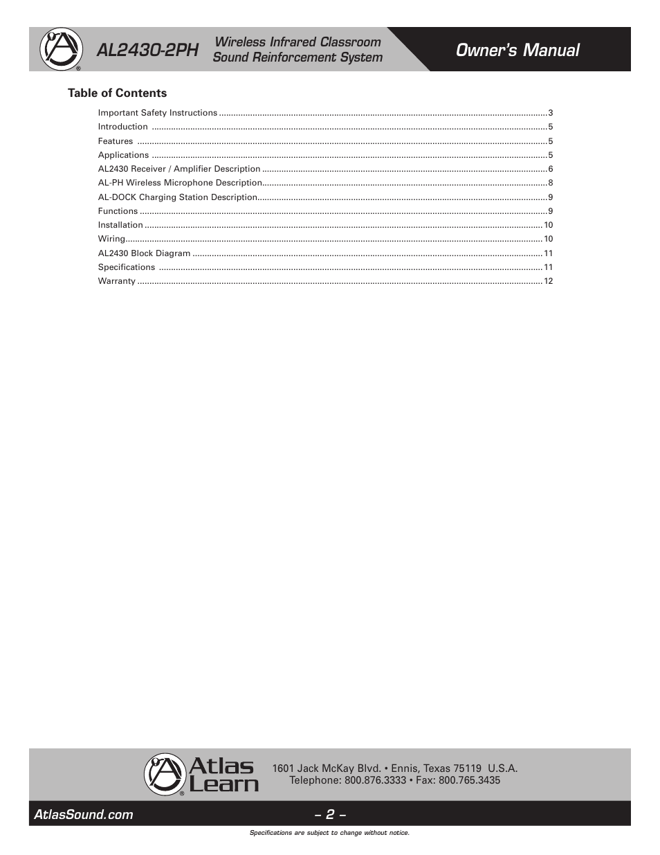 Atlas Sound AL2430-2PH User Manual | Page 2 / 12