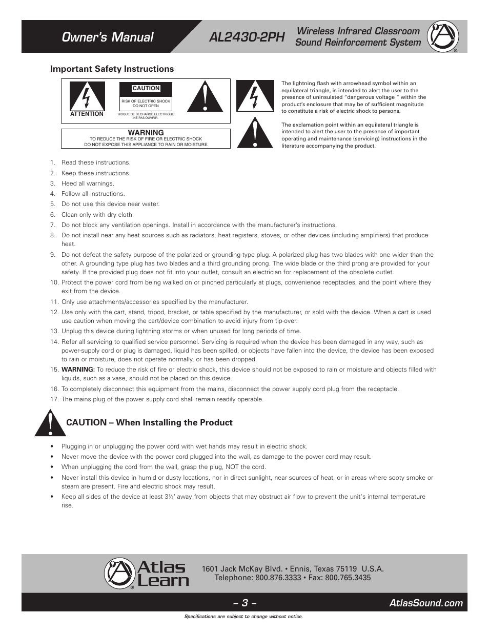 Important safety instructions, Caution – when installing the product | Atlas Sound AL2430-2PH User Manual | Page 3 / 12