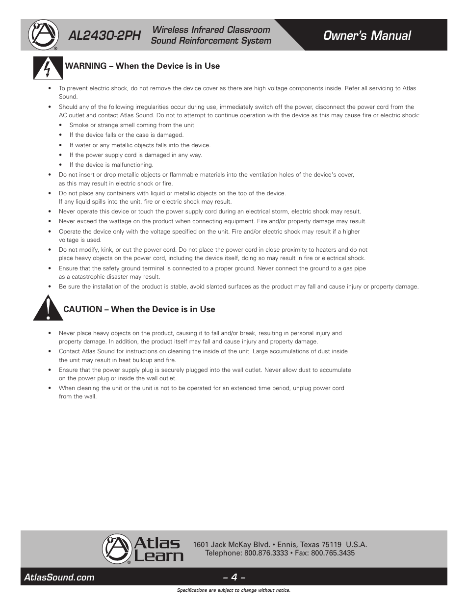 Warning – when the device is in use, Caution – when the device is in use | Atlas Sound AL2430-2PH User Manual | Page 4 / 12