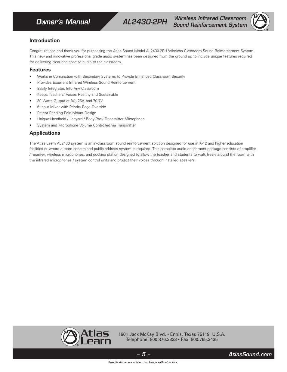 Atlas Sound AL2430-2PH User Manual | Page 5 / 12