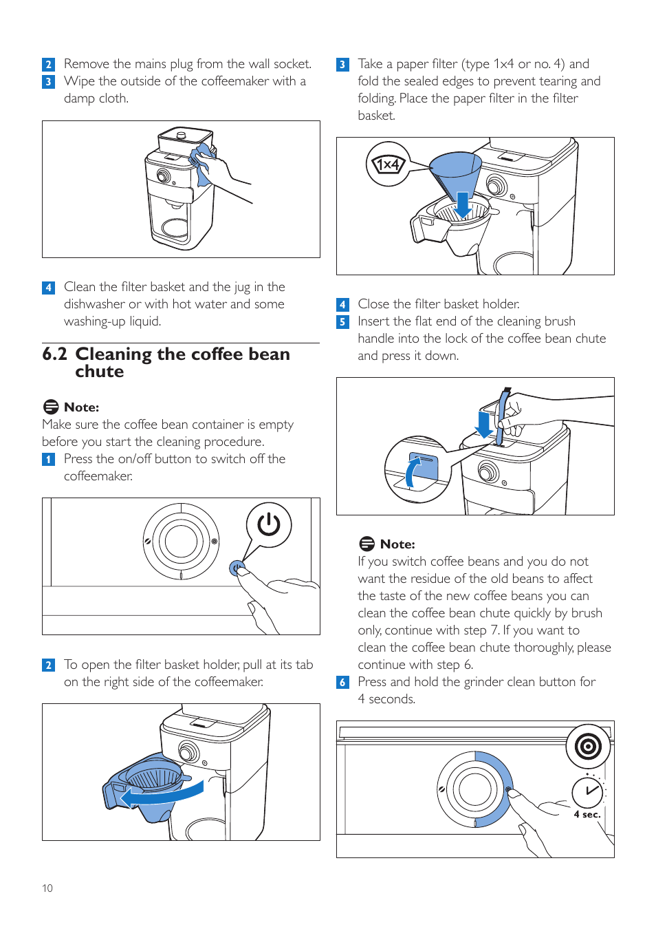2 cleaning the coffee bean chute | Philips Grind & Brew Kaffeemaschine User Manual | Page 10 / 172