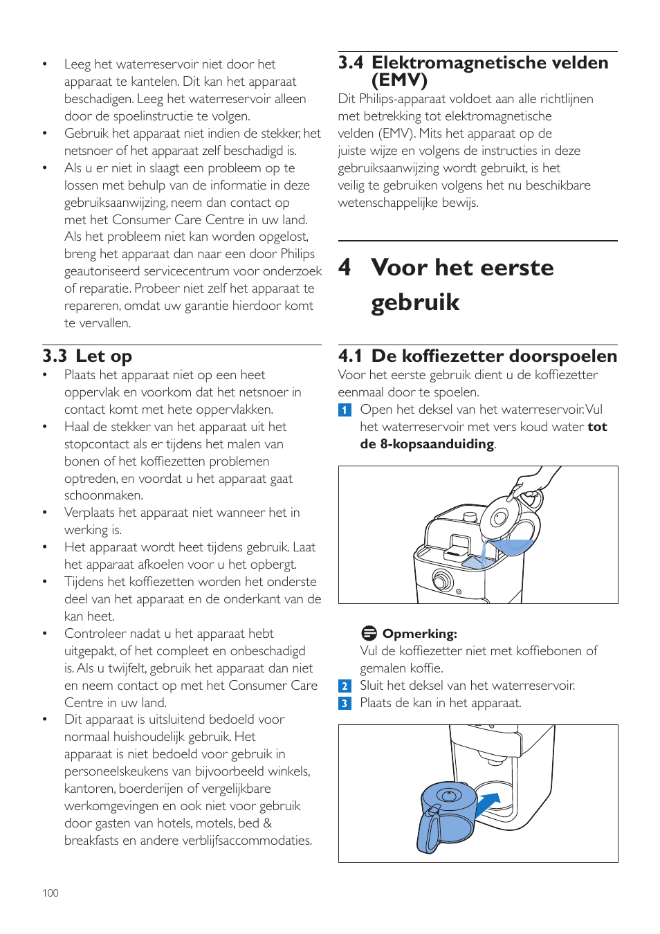 4 voor het eerste gebruik, 4 elektromagnetische velden (emv), 1 de koffiezetter doorspoelen | 3 let op | Philips Grind & Brew Kaffeemaschine User Manual | Page 100 / 172