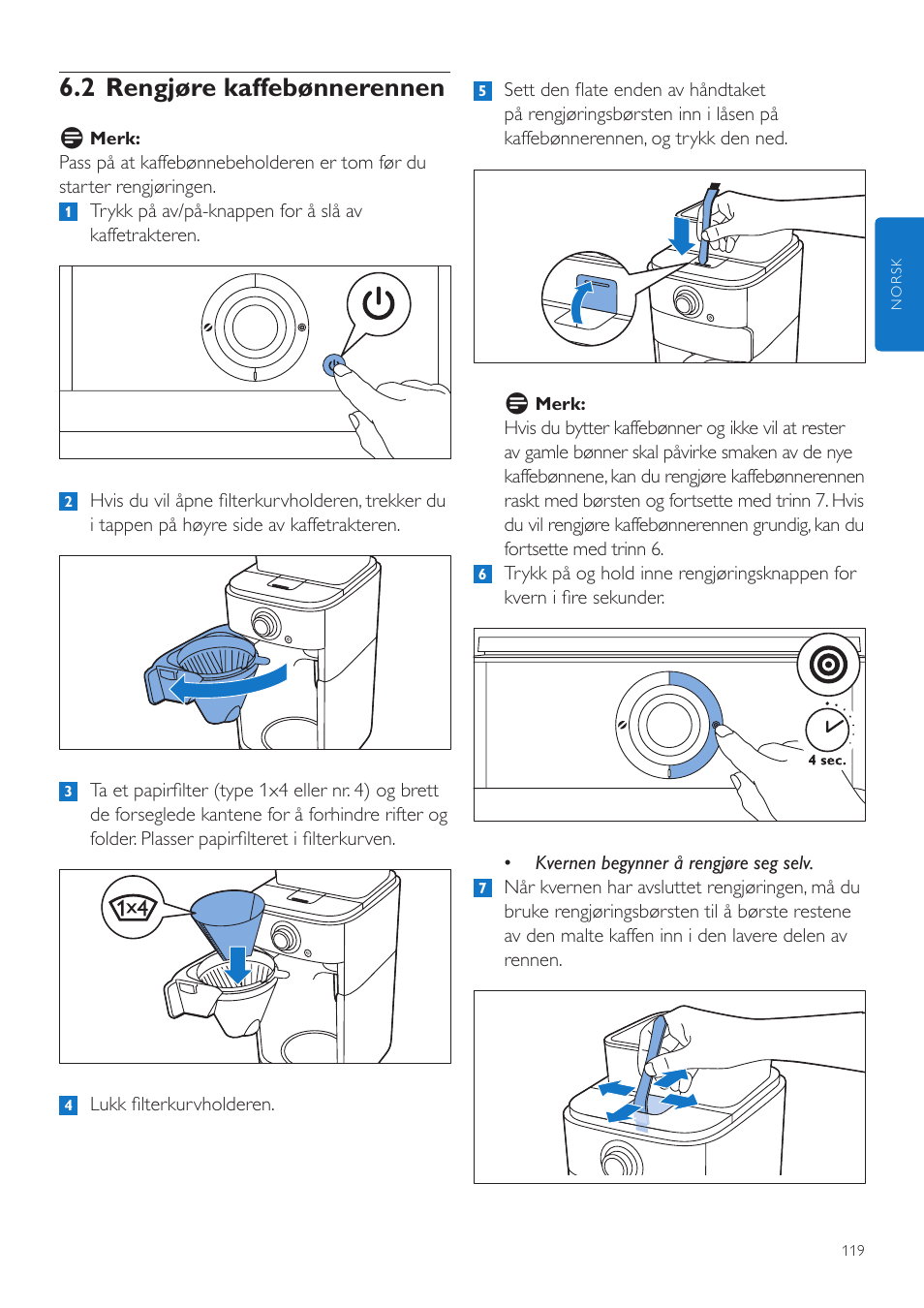 2 rengjøre kaffebønnerennen | Philips Grind & Brew Kaffeemaschine User Manual | Page 119 / 172