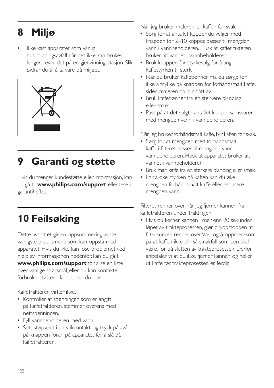 8 miljø, 9 garanti og støtte, 10 feilsøking | Philips Grind & Brew Kaffeemaschine User Manual | Page 122 / 172