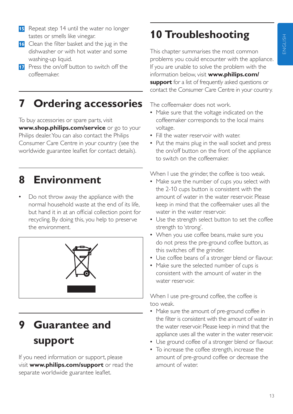 10 troubleshooting, 7 ordering accessories, 8 environment | 9 guarantee and support | Philips Grind & Brew Kaffeemaschine User Manual | Page 13 / 172