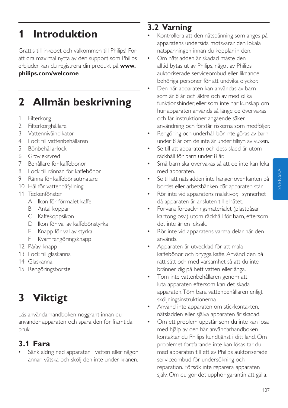 Svenska, Användarhandbok, 1 introduktion | 2 allmän beskrivning, 3 viktigt, 2 varning, 1 fara | Philips Grind & Brew Kaffeemaschine User Manual | Page 137 / 172