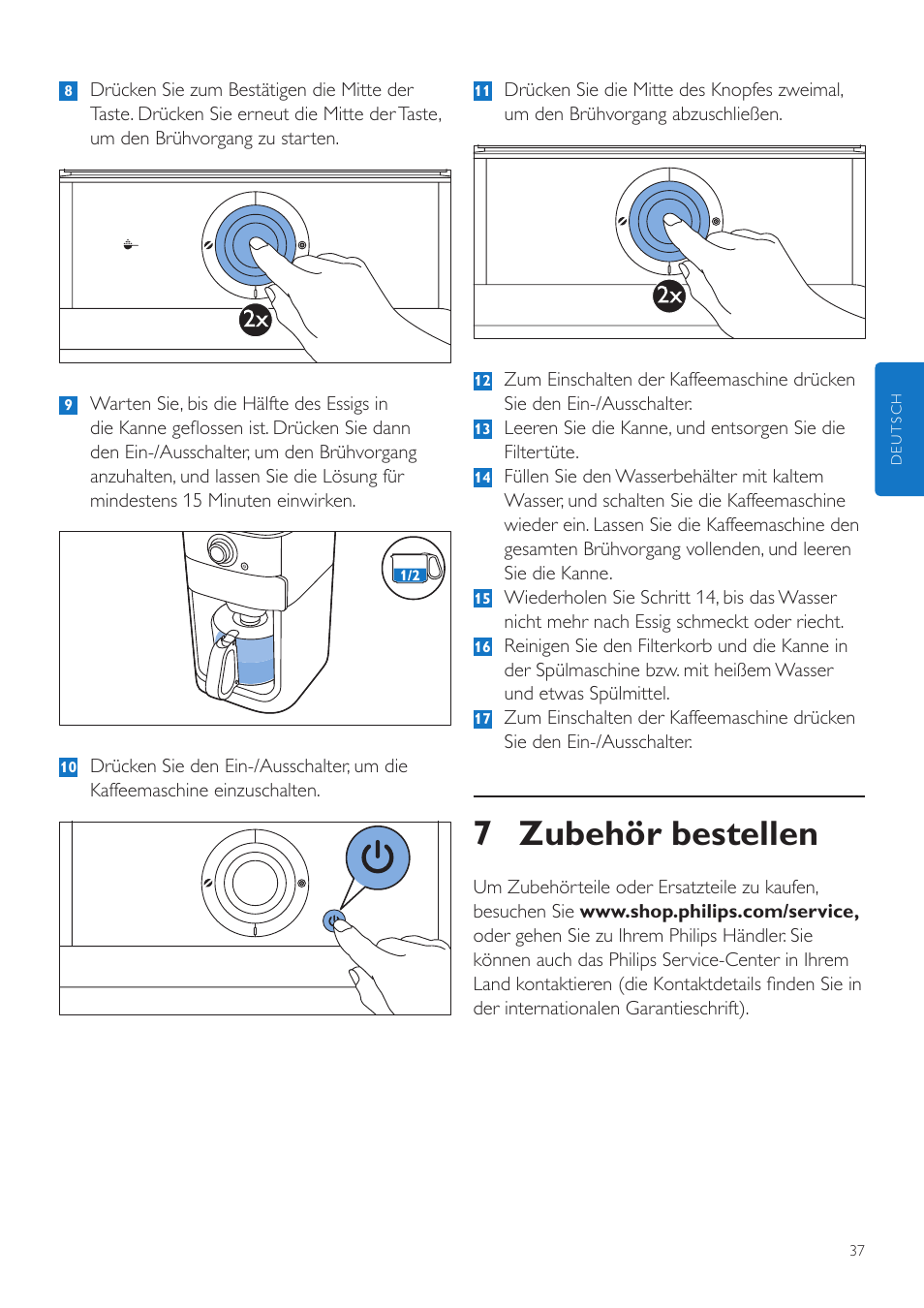 7 zubehör bestellen | Philips Grind & Brew Kaffeemaschine User Manual | Page 37 / 172