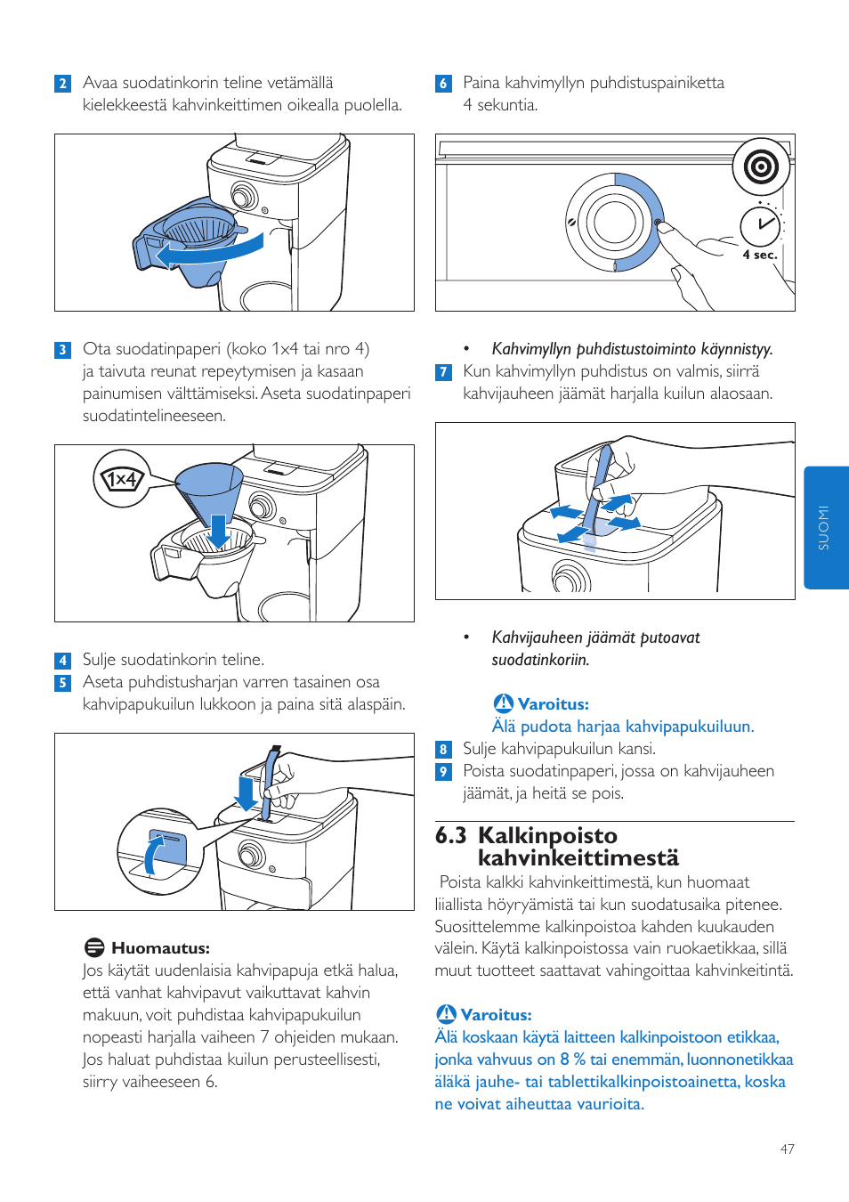 3 kalkinpoisto kahvinkeittimestä | Philips Grind & Brew Kaffeemaschine User Manual | Page 47 / 172
