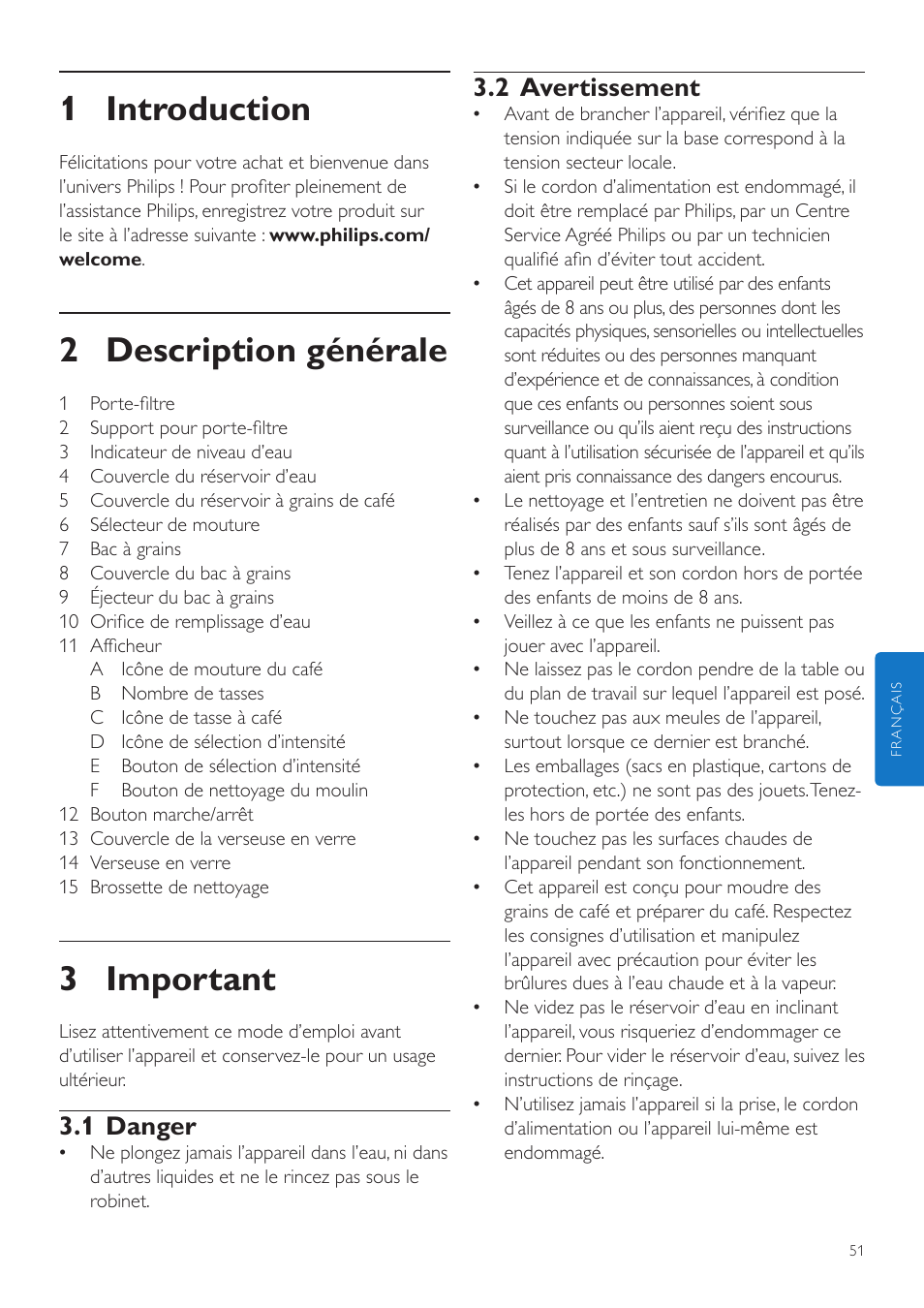 Français, Mode d’emploi, 1 introduction | 2 description générale, 3 important, 2 avertissement, 1 danger | Philips Grind & Brew Kaffeemaschine User Manual | Page 51 / 172