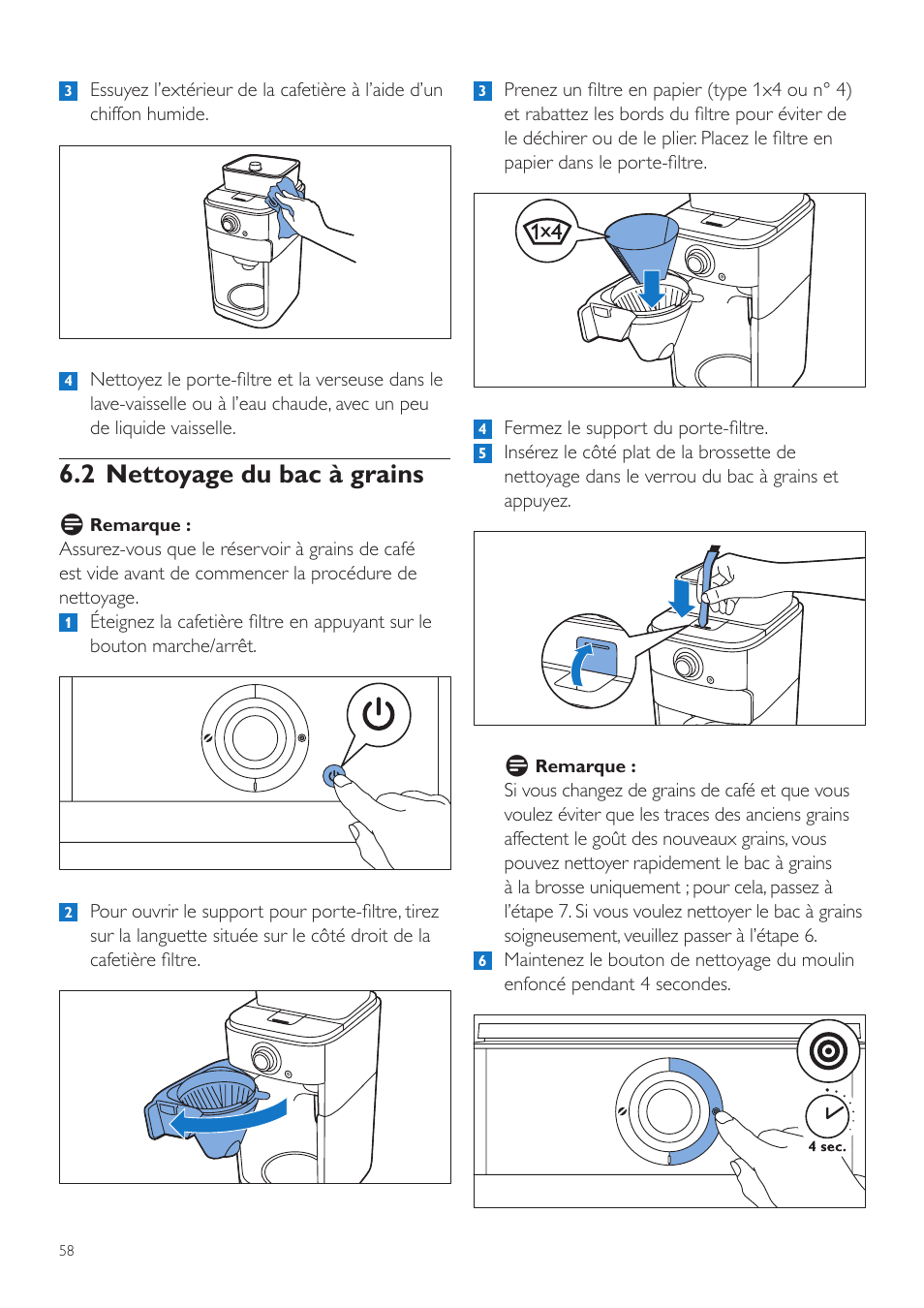 2 nettoyage du bac à grains | Philips Grind & Brew Kaffeemaschine User Manual | Page 58 / 172